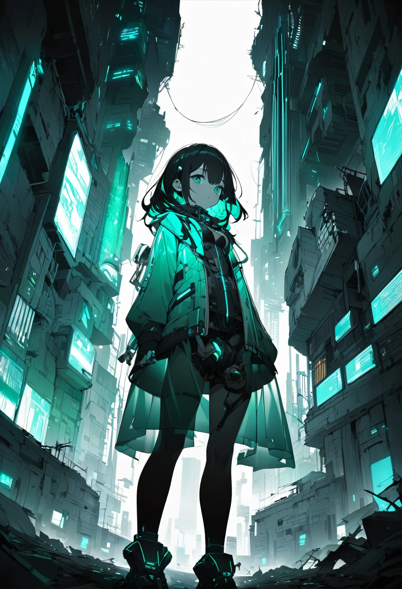 Monochrome Tiffany Blue, Highest quality, Super Fine, 16K, Unbelievably absurd, Very detailed, delicate and dynamic, pretty girl, Three-dimensional effect expressed through light and shadow, Eye-catching effect, modern art,Low - Angle、 Emerald green eyes、Part of the clothing is see-through、Cinematic angles、optical fiber、Connected Cord、Illuminated parts See-through parts、Cyberpunk cityscape, young woman with long black hair wearing an emerald green powered exosuit, standing in a contemplative pose amidst the neon-lit ruins, textured digital art with muted tones and subtle ambient noise, detailed and intricate illustration, dystopian and gritty yet beautiful, a glimmer of hope in the decay,Fish Girl in Sci-fi translucent mechanical bikini ++,The bikini is see-through and sparkly
