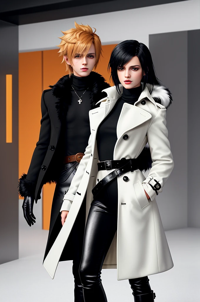 Final fantasy taste and reality graphics, Japanese young cute and cool ikemen boy and cute and beauty girl,,boy and girl couple, both age is early 20s, thin eyebrows and beady eyes, girl is black long hair, boy wearing orange beige color double brest very thick trench coat, with a black color neck fur.,neck fur is black color, must black neck fur,
Must tighten your belt of coat, with epaulet, must close the front of the trench coat,, must trench coat cloth the front, also wearing black very thick turtleneck lackluster shirts, tight black leather pants, shiny black leather tight and must put on a thin leather glove both hands, black leather knee-high raceup boots,
Girl wearing white colordouble brest very thick long coat,Must tighten your belt of coat, must trench coat cloth the front, also wearing black very thick turtleneck lackluster shirts, tight black leather pants, shiny black leather tight and must put on a thin leather glove both hands, black leather knee-high raceup boots,must views head-to-toe,must views whole body, boy and girl looks like fashion model,Do not show skin from the neck down,leather jacket leather glove and leather pants have few wrinkles,boy in the room,,Avoid showing your innerwear,must close coats waist belt.