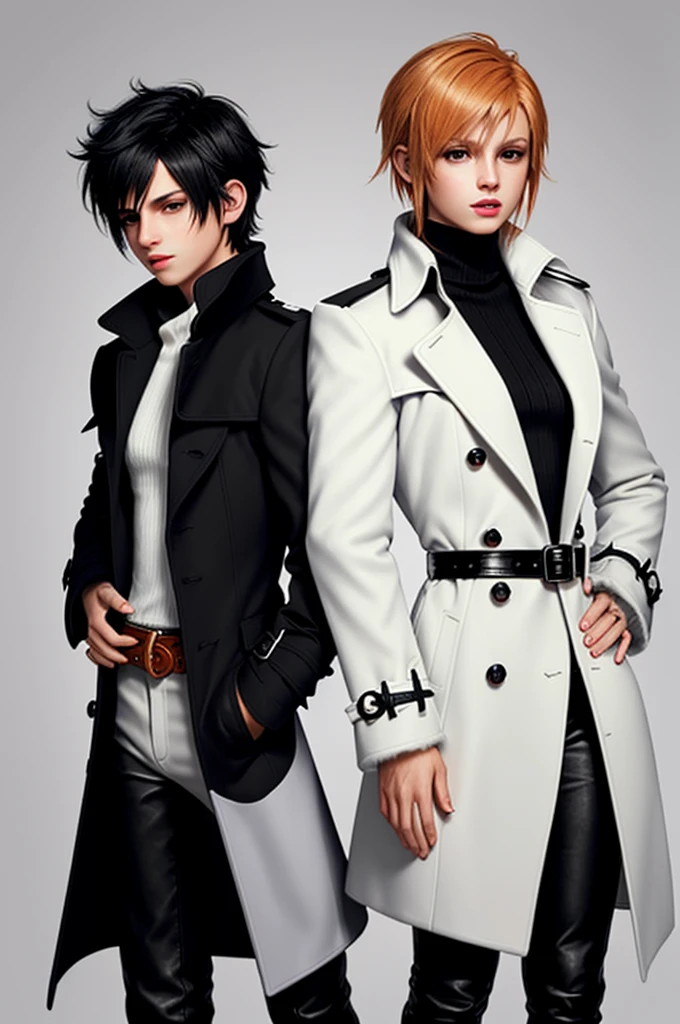 Final fantasy taste and reality graphics, Japanese young cute and cool ikemen  boy and cute and beauty girl,,boy and girl couple, both age is early 20s, thin eyebrows and beady eyes, girl is black long hair, boy wearing orange beige color double brest very thick trench coat, with a black color neck fur.,neck fur is black color, must black neck fur,
Must tighten your belt of coat, with epaulet, must close the front of the trench coat,, must trench coat cloth the front, also wearing black very thick turtleneck lackluster shirts,  tight black leather pants, shiny black leather tight and must put on a thin leather glove both hands, black leather knee-high raceup boots,
Girl wearing white colordouble brest very thick long coat,Must tighten your belt of coat, must trench coat cloth the front, also wearing black very thick turtleneck lackluster shirts,  tight black leather pants, shiny black leather tight and must put on a thin leather glove both hands, black leather knee-high raceup boots,must views  head-to-toe,must views whole body, boy and girl looks like fashion model,Do not show skin from the neck down,leather jacket leather glove and leather pants have few wrinkles,boy in the room,,Avoid showing your innerwear,must close coats waist belt.