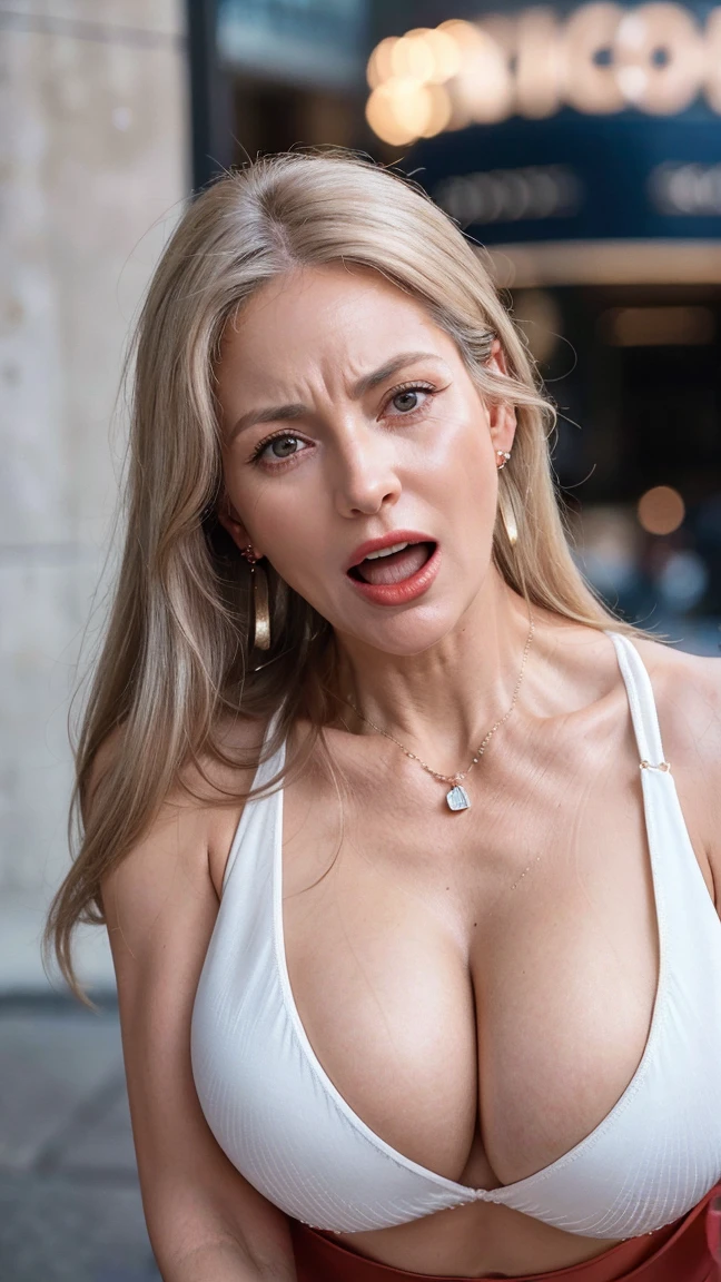 Attractive mature woman, 60 years old, (Bodycon:1.2), Big Breasts, smile, (Wrinkles on face:1.3), Light make-up, Light white hair, Long hair in a ponytail, Earrings, bracelet, 8k, RAW Photo, (((Trendy fashion 2024 sexy red, with tight looking cleavage, round))), highest quality, masterpiece, highest quality, (standing, from head to knees), bokeh, (((The bustling center of the city))), ((cowboy shot of you side)). ((she Screaming loudly in fear)).