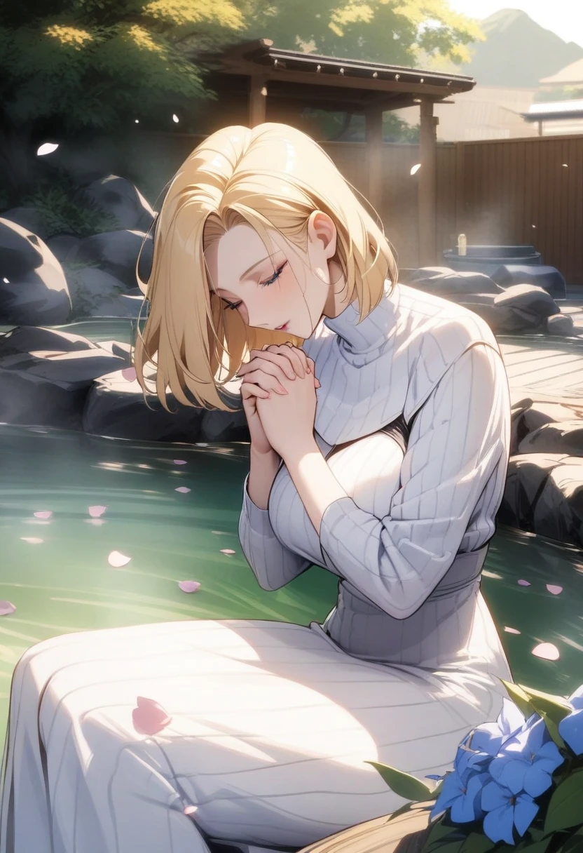 masterpiece, best quality, very aesthetic, absurdres, 1girl, mature_lady,nun_clothes, crucifix, praying, interlocked fingers,closed_eyes,head down,holy_light ,,Android 18(Dragon Ball), short hair,blonde hair, blue eyes,,in hot spring,Onsen,surrounding by flowers,falling_petals, petals,,