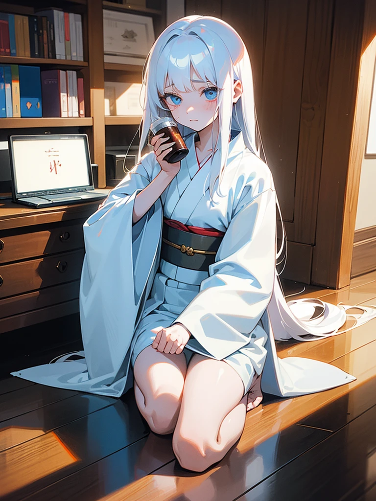 Young girl, 8yo, long white hair, wearing white kimono, blue colored eyes, holding a porcelain cup with blood inside, is in an 80s style office, books around, wood floor, Grieving, sad, pale skin, sickened appearance, kneeling on the floor