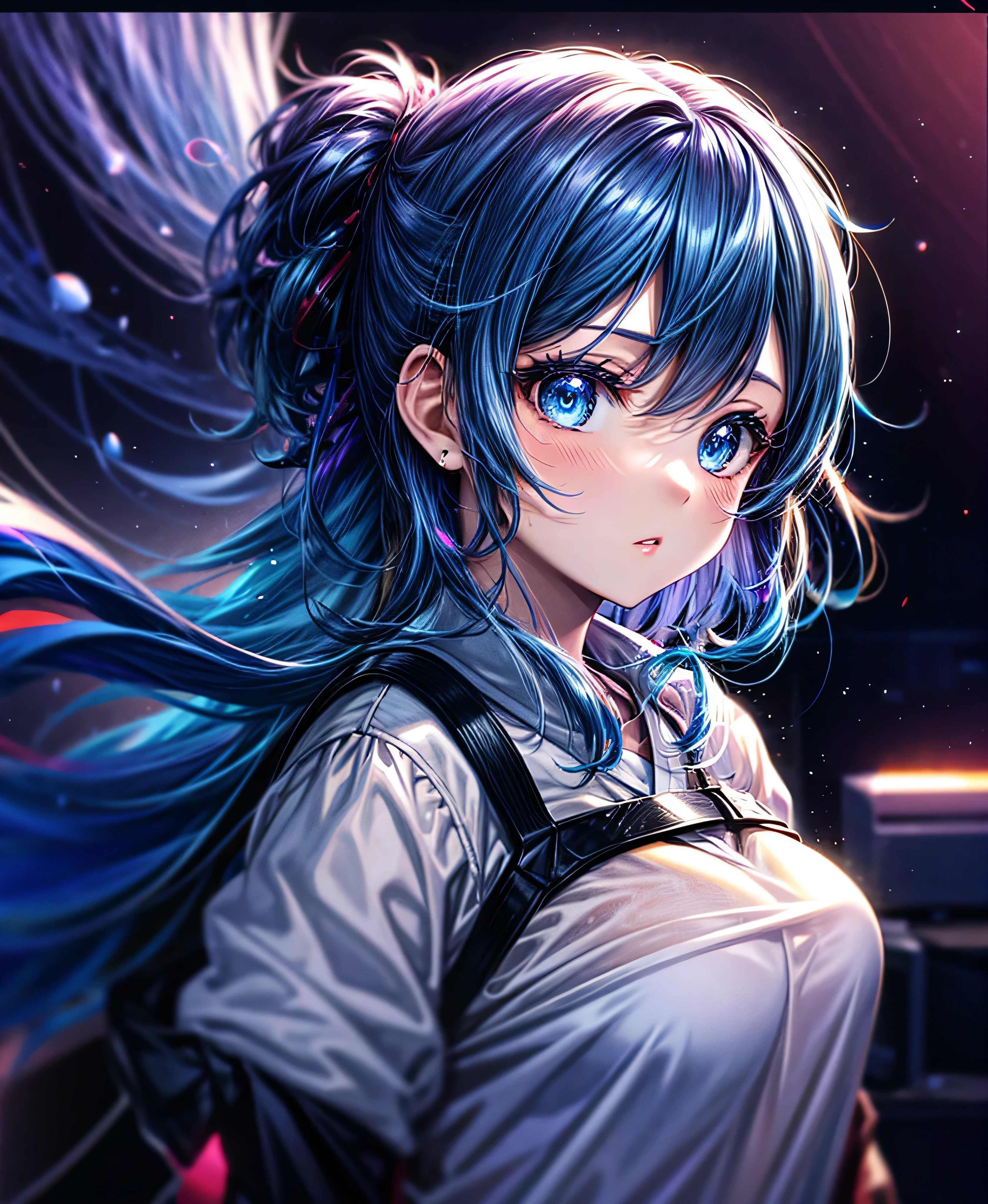 Glowing anime girl with dark blue hair and blue eyes, Anime Style 4 k, Anime Art Wallpapers 8K, Anime Style. 8k, anime art wallpaper 4k, anime art wallpaper 4k, anime wallpaper 4k, anime wallpaper 4k, 4k anime wallpaper, Glowwave girl portrait, Digital anime art, Anime girl with space-like hair