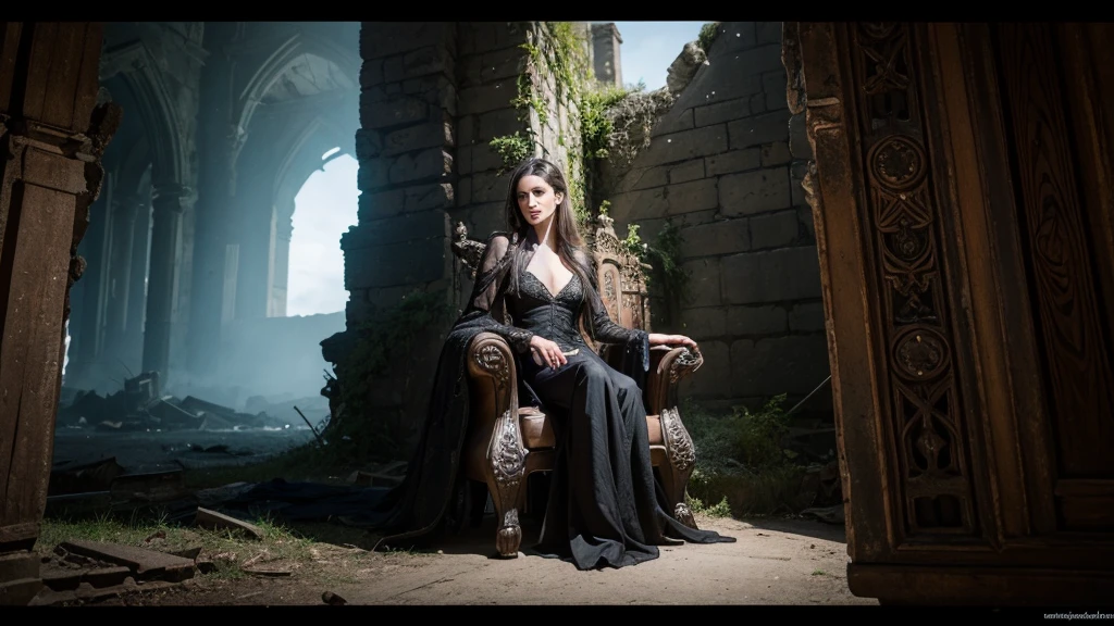 Highest quality Fantasy Wicked Throne shoot from front,looking side The background is the interior of a ruined castle