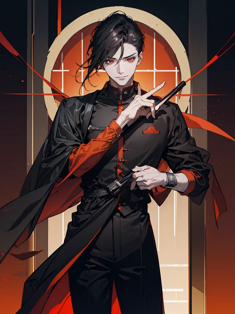 a man, prisoner, Black medium-length hair, dark red eyes, Slender and tall,prisoner, Perfect male body,Looking at the camera, (Orange prison uniform, Hold your arms tight, Smile, cell),portrait,Dramatic shadows,Ray Tracing, best quality, dark, Extremely detailed CG, 8k wallpaper,complicated