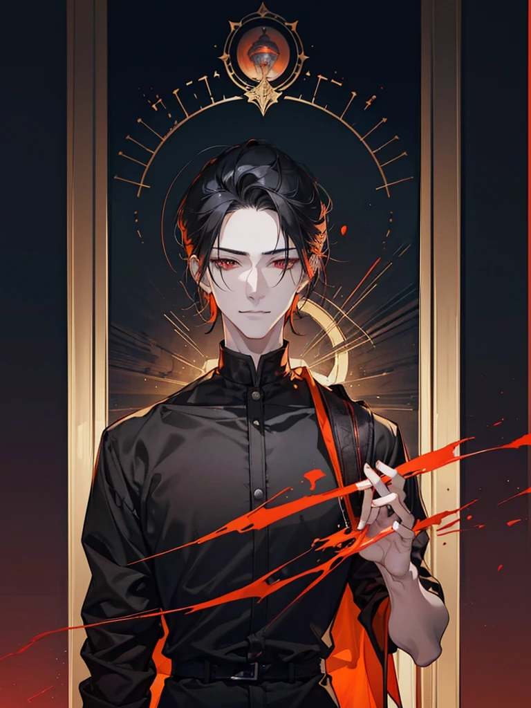 a man, prisoner, Black medium-length hair, dark red eyes, Slender and tall,prisoner, Perfect male body,Looking at the camera, (Orange prison uniform, Hold your arms tight, Smile, cell),portrait,Dramatic shadows,Ray Tracing, best quality, dark, Extremely detailed CG, 8k wallpaper,complicated
