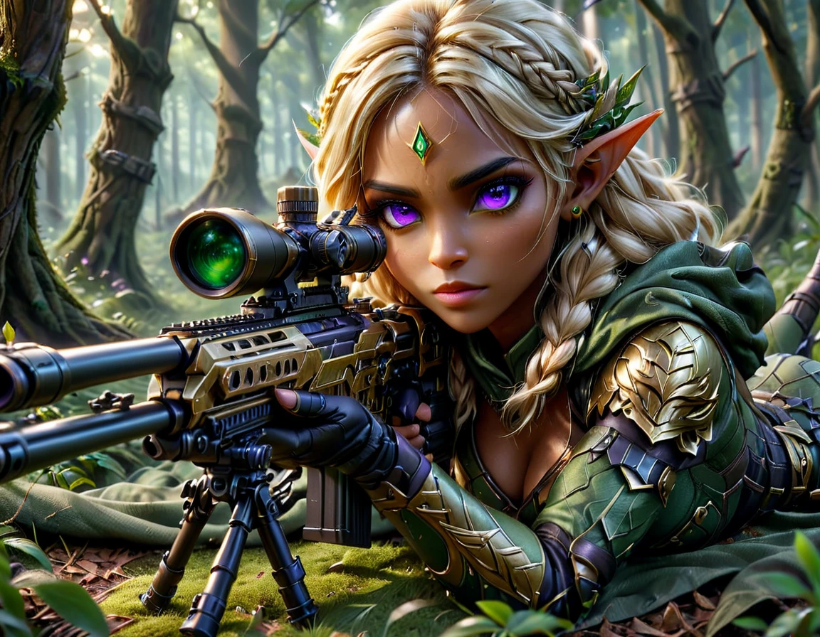 a portrait picture of a 1single female drow elf sniper, lying on a tree branch aiming a sniper rifle, an exotic beautiful elf sniper, white hair, braided hair, (black skin: 1.3),  intense purple eyes, ultra detailed face, small pointed ears, forest green camouflage cloths, on top of a epic fantasy tree, aiming a Barret M82, fantasy fores background, its sunset, sun rays, some clouds,  (full body shot: 1.1) , vibrant, Ultra-high resolution, High Contrast, (masterpiece:1.5), highest quality, Best aesthetics), best details, best quality, highres, ultra wide angle, 16k, [ultra detailed], masterpiece, best quality, (extremely detailed) Sniper Rifle, Intense gaze
