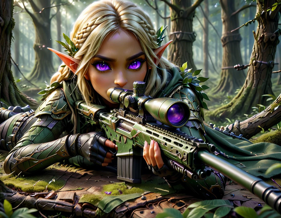 a portrait picture of a 1single female elf sniper, lying on a tree branch aiming a sniper rifle, an exotic beautiful elf sniper, blond hair, braided hair, (black skin: 1.3), intense purple eyes, ultra detailed face, small pointed ears, forest green camouflage cloths, on top of a epic fantasy tree, aiming a Barret M82, fantasy forest background, its night time, moon rays, some clouds,  (full body shot: 1.1) , vibrant, Ultra-high resolution, High Contrast, (masterpiece:1.5), highest quality, Best aesthetics), best details, best quality, highres, ultra wide angle, 16k, [ultra detailed], masterpiece, best quality, (extremely detailed) Sniper Rifle, Intense gaze
