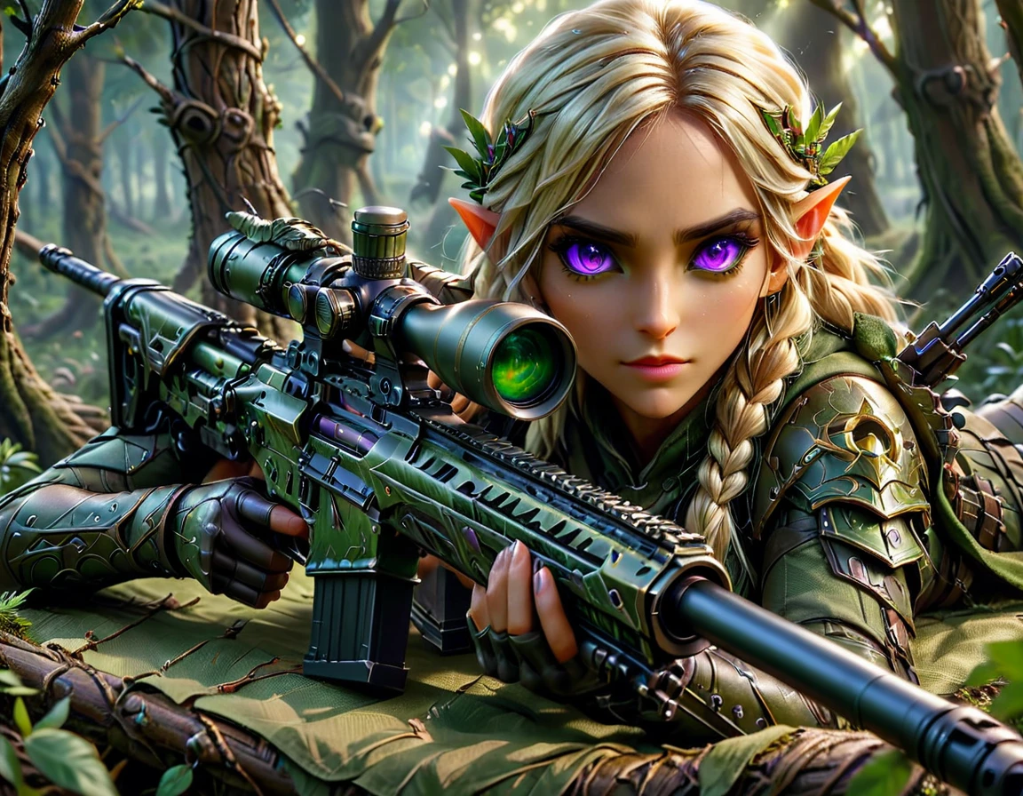 a portrait picture of a 1single female elf sniper, lying on a tree branch aiming a sniper rifle, an exotic beautiful elf sniper, blond hair, braided hair, (black skin: 1.3), intense purple eyes, ultra detailed face, small pointed ears, forest green camouflage cloths, on top of a epic fantasy tree, aiming a Barret M82, fantasy forest background, its night time, moon rays, some clouds,  (full body shot: 1.1) , vibrant, Ultra-high resolution, High Contrast, (masterpiece:1.5), highest quality, Best aesthetics), best details, best quality, highres, ultra wide angle, 16k, [ultra detailed], masterpiece, best quality, (extremely detailed) Sniper Rifle, Intense gaze
