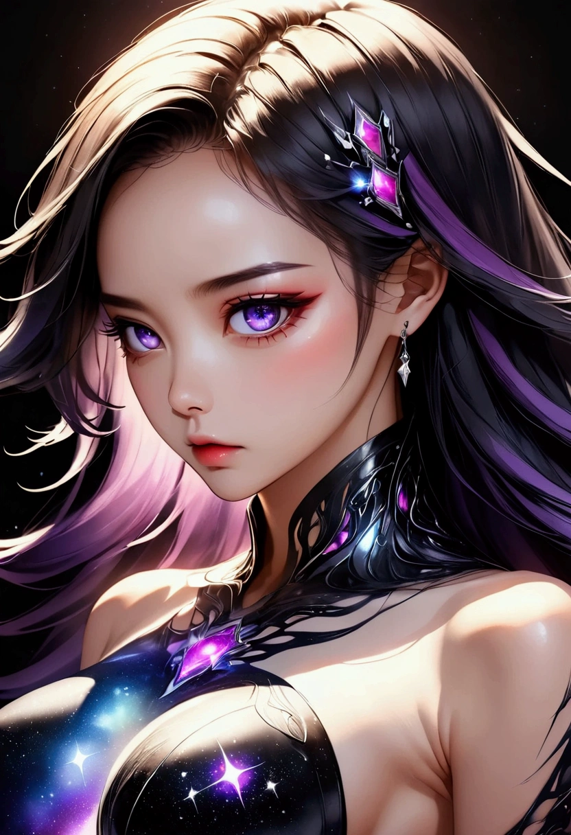 PORTRAIT, only face portrait, a battle angel portrait, beautiful white skin with sparkles and glitter, long long hair, shiny and lightening eyes detailed skin, image is compelling with dynamic composition and energetic posing. Include many fantasy details such as bumps, phantasmal iridescence, glitter, galaxy, cosmos, ((dark celestialskin body, void cosmic body)), (((dark background))), (((lights off))), (((hollywood dark))), horror, dramatic shadows, (in a dark fantasy space:1.3, glitter, sparkle, gleam) vector digital illustration, (black background:1.5)sharp