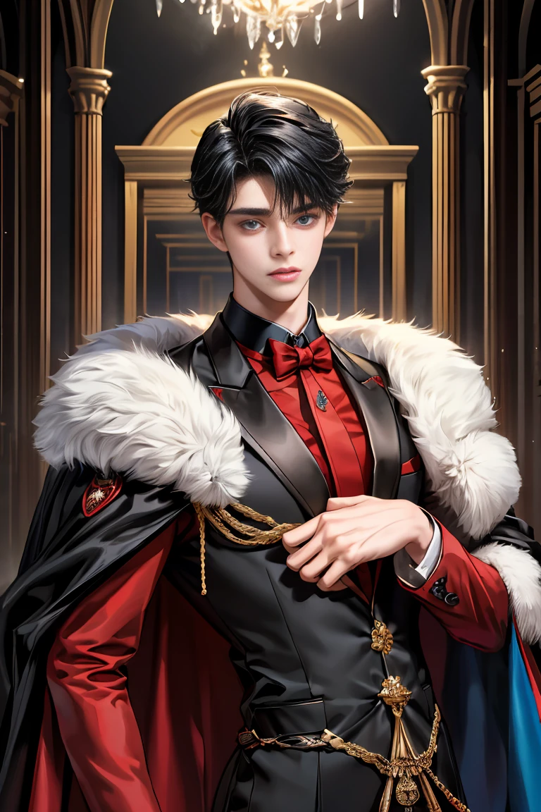 
masterpiece, 最high quality, high quality, 1 boy, alone, Male focus, Watching the audience,  Messy black hair, Adorable big blue eyes, White people, Noble, Noble,A black and red cape bursting with sexy volume、Tuxedo、A very voluminous, large, very large, very large, long, long red and black cape with a high stand-up collar, made of a lot of fabric that reaches down to the floor., 17 years old,Cute beautiful boys,Cute, cute, kind, handsome guy