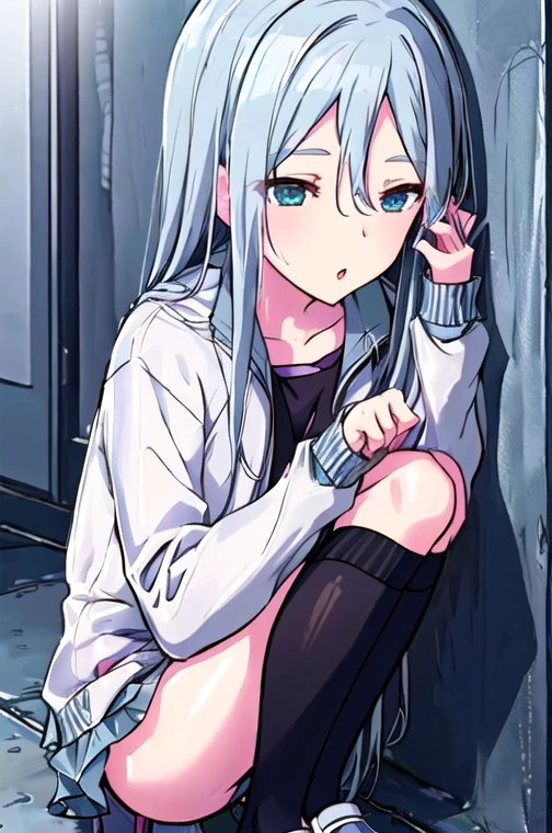 Anime Girls sitting on the ground with her phone to her ear, the Anime Girls is crouching, beautiful Anime Girls squatting, Cute girl anime visuals, Mikudayo, Nightcore, Anime Girls with teal hair, Anime Girls, Anime Wallpaper, Gray-haired, an Anime Girls, Ahegao, 2D Anime Style, young Anime Girls