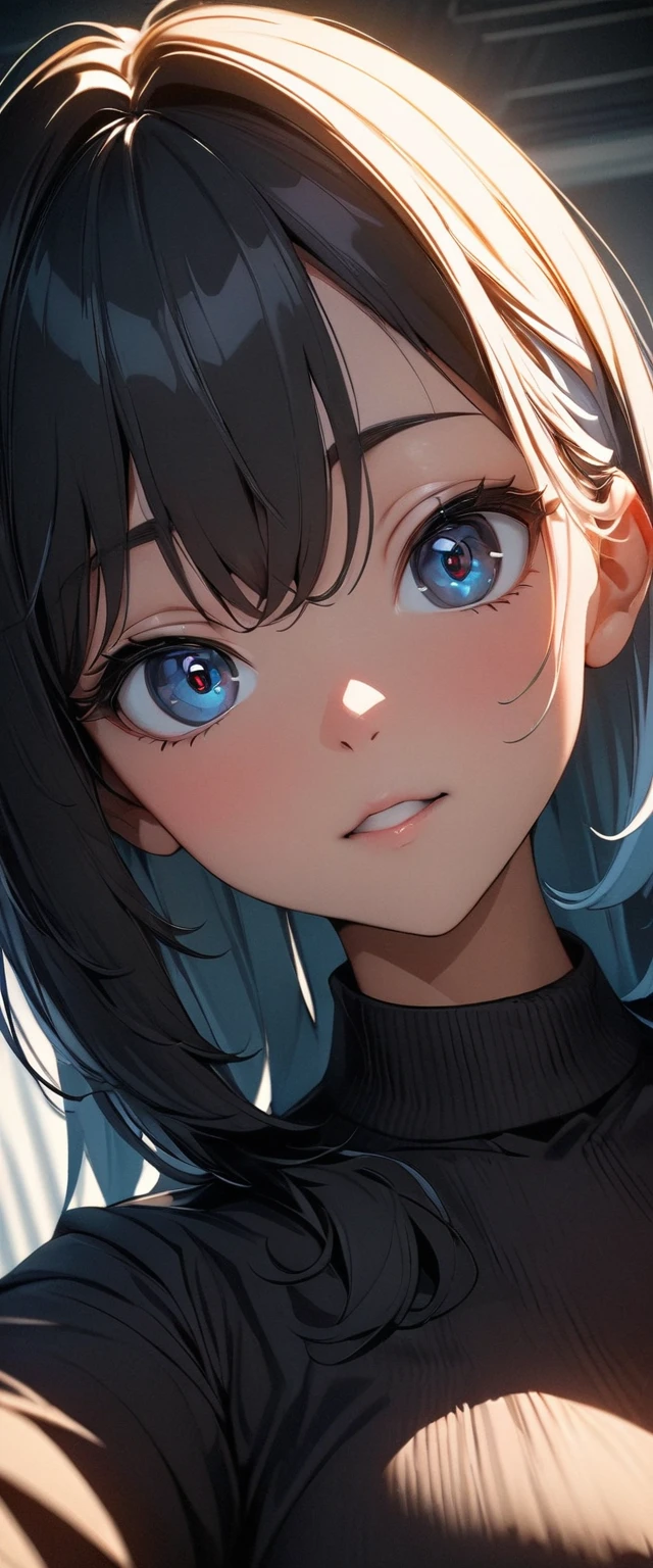 (high quality, 8k, 4K, High Contrast, masterpiece:1.2, 最high quality, Best aesthetics), 1 Female, (Real skin texture:1.3), (Film Grain:1.3), (Selfie angle, High angle), One girl, Beautiful and detailed eyes and face, 最high quality, close, Upper Body, Blue innerhair