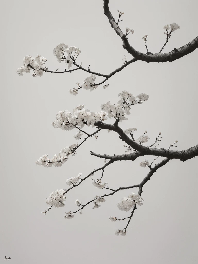 Penmanship,one cerry blossom tree,monochrome,old painting,white background