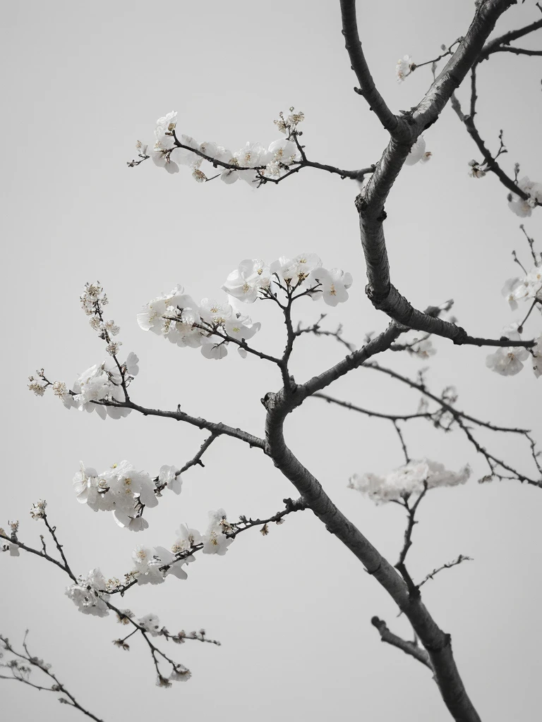 Penmanship,one cerry blossom big tree,monochrome,old painting,white background,far away