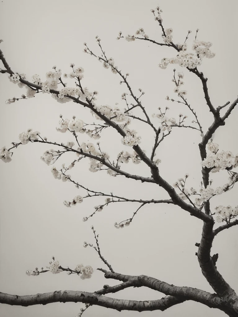 Penmanship,one cerry blossom tree,monochrome,old painting,white background