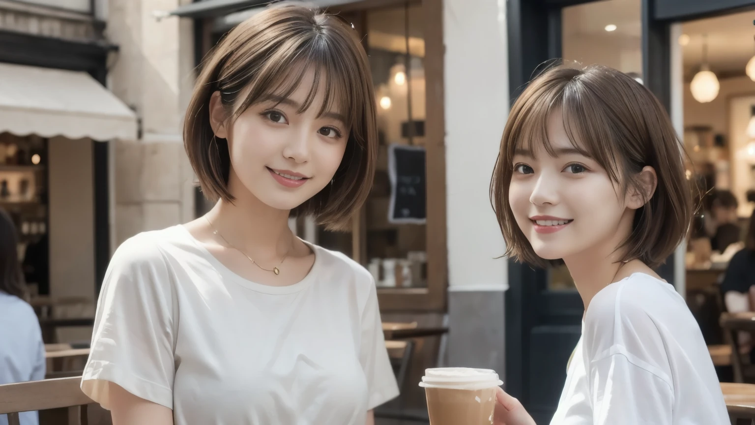 super high quality, short hair, thin, Gravure photo session, The staff is working at the counter in the back.., (8k、RAW Photos、Highest quality、masterpiece:1.2), Japanese Idols, Stylish cafe, People having fun at the cafe々Bustling with., (Realistic、Realistic:1.37), Bob Hair, Mesh Hair, Urban Cafe, Golden Ratio, RAW Photos, Cute Face , Light brown hair, Small breasts, Bright cafe interior, Spring Clothes, Cafe Terrace, Open Cafe, A kind smile, Hair blowing in the wind, Dress neatly, boyish, T-Shirts, 18-year-old, younger sister, Fashionable clothes,