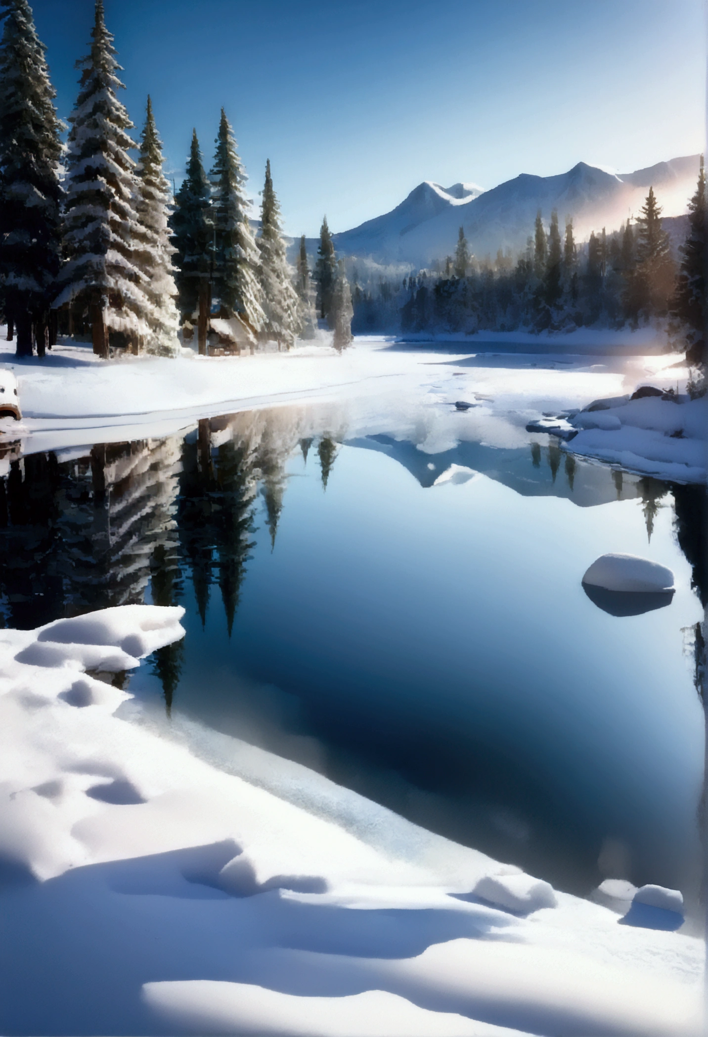 (best quality,4K,8K,high resolution,masterpiece:1.2),Extremely detailed,(Practical,Reality,Photo-realistic:1.37),Winter theme,landscape,Refreshing and cool color,Soft and warm lighting,Icy atmosphere,Golden Sunshine,Icy reflections,snow capped mountains,Sparkling snowflakes,evergreen tree,Melting icicles,Tranquil lake,calm silence,breeze,A bit magical,Nostalgia,Artistic brushstrokes,Subtle textures,Fine details,Detailed foreground elements,Magnificent view,salient point of view,Vibrant brushstrokes,Layered Composition,Vivid winter hues,A carefully crafted balance,Dramatic Depth,Peaceful winter scenery,Ethereal Beauty,Winter Wonderland,Vibrant winter fantasy,Superb craftsmanship,Exquisite Art,Fascinating winter stories,Excellent use of light and shadow,Dreamy atmosphere,Dancing gracefully in the wind,One with nature,Tempting sense of adventure,Solemn and friendly,Winter Hug,Time freezes instantly，city, cars in snow