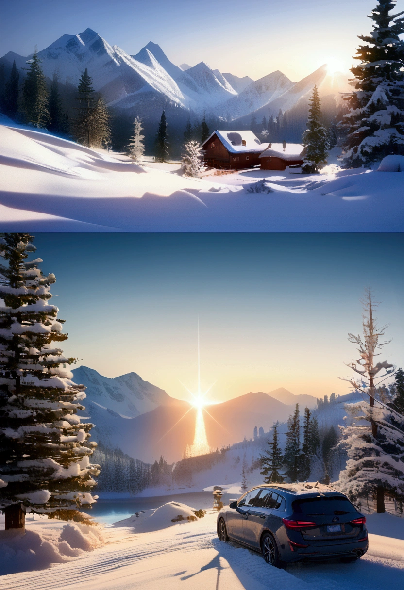 (best quality,4K,8K,high resolution,masterpiece:1.2),Extremely detailed,(Practical,Reality,Photo-realistic:1.37),Winter theme,landscape,Refreshing and cool color,Soft and warm lighting,Icy atmosphere,Golden Sunshine,Icy reflections,snow capped mountains,Sparkling snowflakes,evergreen tree,Melting icicles,Tranquil lake,calm silence,breeze,A bit magical,Nostalgia,Artistic brushstrokes,Subtle textures,Fine details,Detailed foreground elements,Magnificent view,salient point of view,Vibrant brushstrokes,Layered Composition,Vivid winter hues,A carefully crafted balance,Dramatic Depth,Peaceful winter scenery,Ethereal Beauty,Winter Wonderland,Vibrant winter fantasy,Superb craftsmanship,Exquisite Art,Fascinating winter stories,Excellent use of light and shadow,Dreamy atmosphere,Dancing gracefully in the wind,One with nature,Tempting sense of adventure,Solemn and friendly,Winter Hug,Time freezes instantly,city, cars in snow