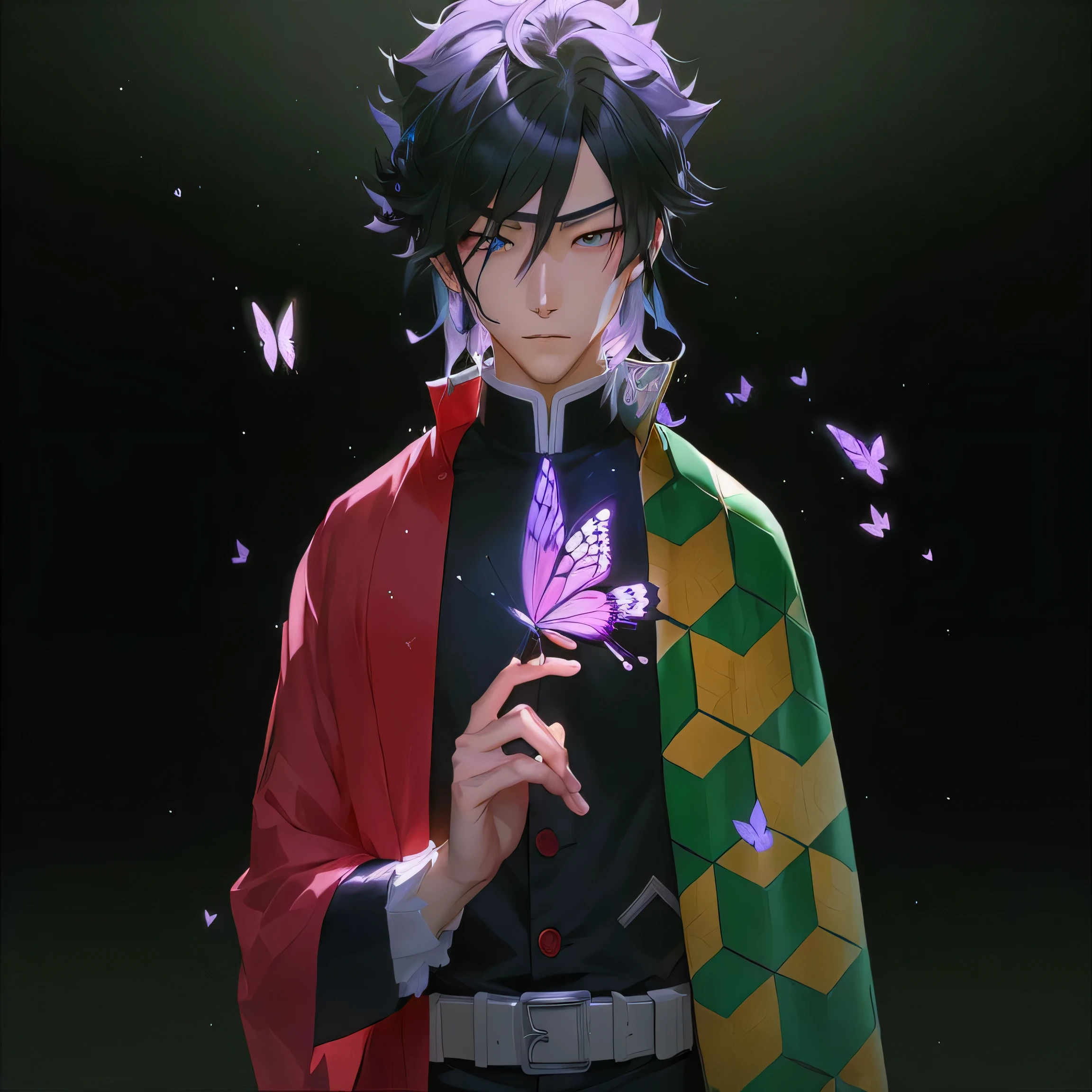Cartoon character holding a butterfly, Demon Slayer Louis Fan Art, Handsome men from Demon Slayer, shigenori soejima illustration, High quality fan art, Demon Slayer Art Style, Official Art, Kimetsu no Yaiba, Official Fan Art, inspired by Okumura Masanobu, Key Anime Art, Main visuals of the anime, Detailed digital anime art, Yoshiyu Tomioka, Sad look