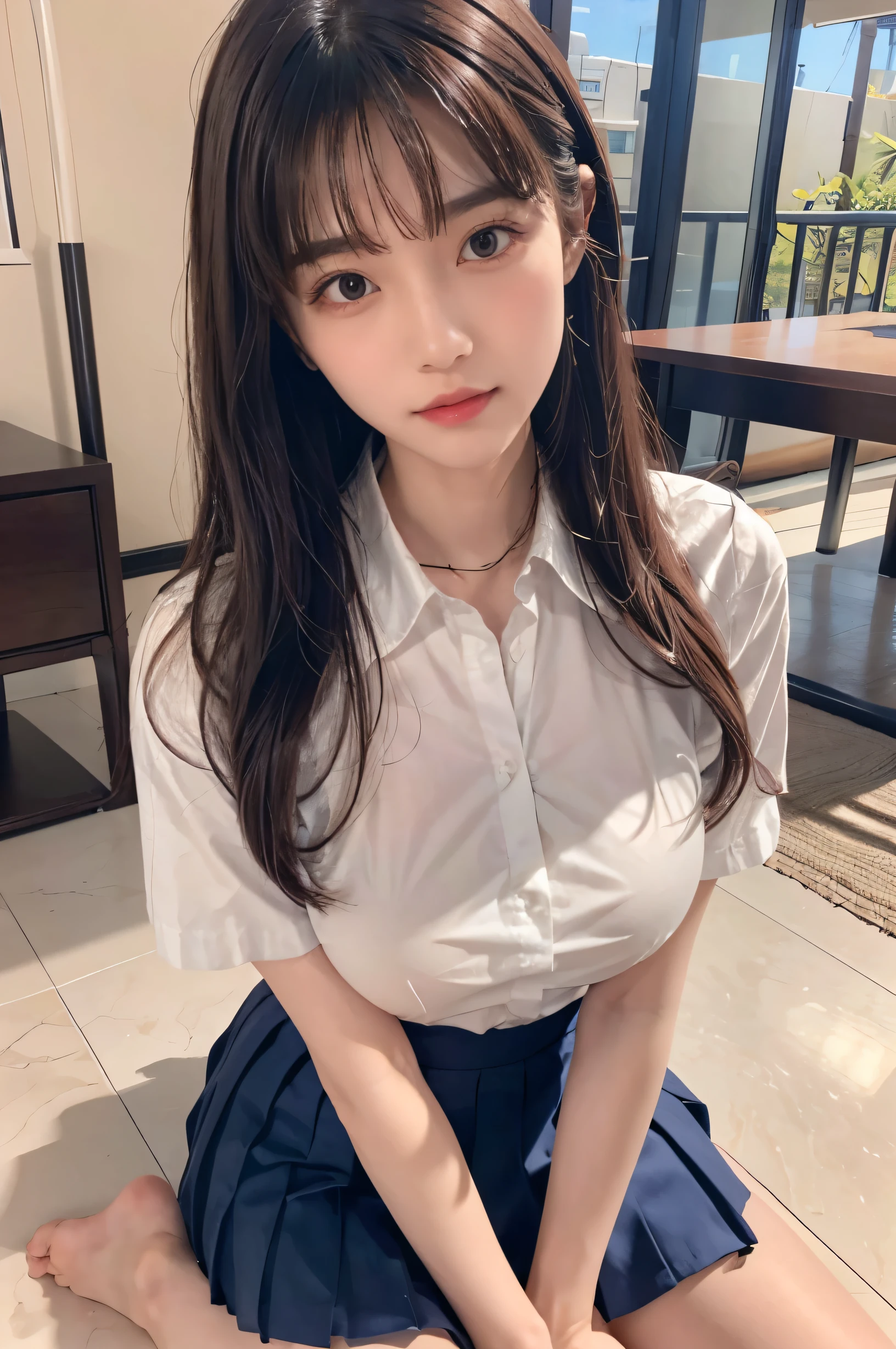 (ultra HD), (School uniform with short sleeves, White collared shirt, Navy Blue Skirt), (Big Breasts:1.5), (The cleavage is visible), slender, whole body, (Clean and shiny skin, Whitening, No makeup), (Super slender face, Super beautiful face, Delicate face), (long hair, Layered Cut, Fluffy hair,light brown), (Patchy double eyelids, Slanted Eyes), Small Nose, Thin lips, Thin legs, Schoolyard