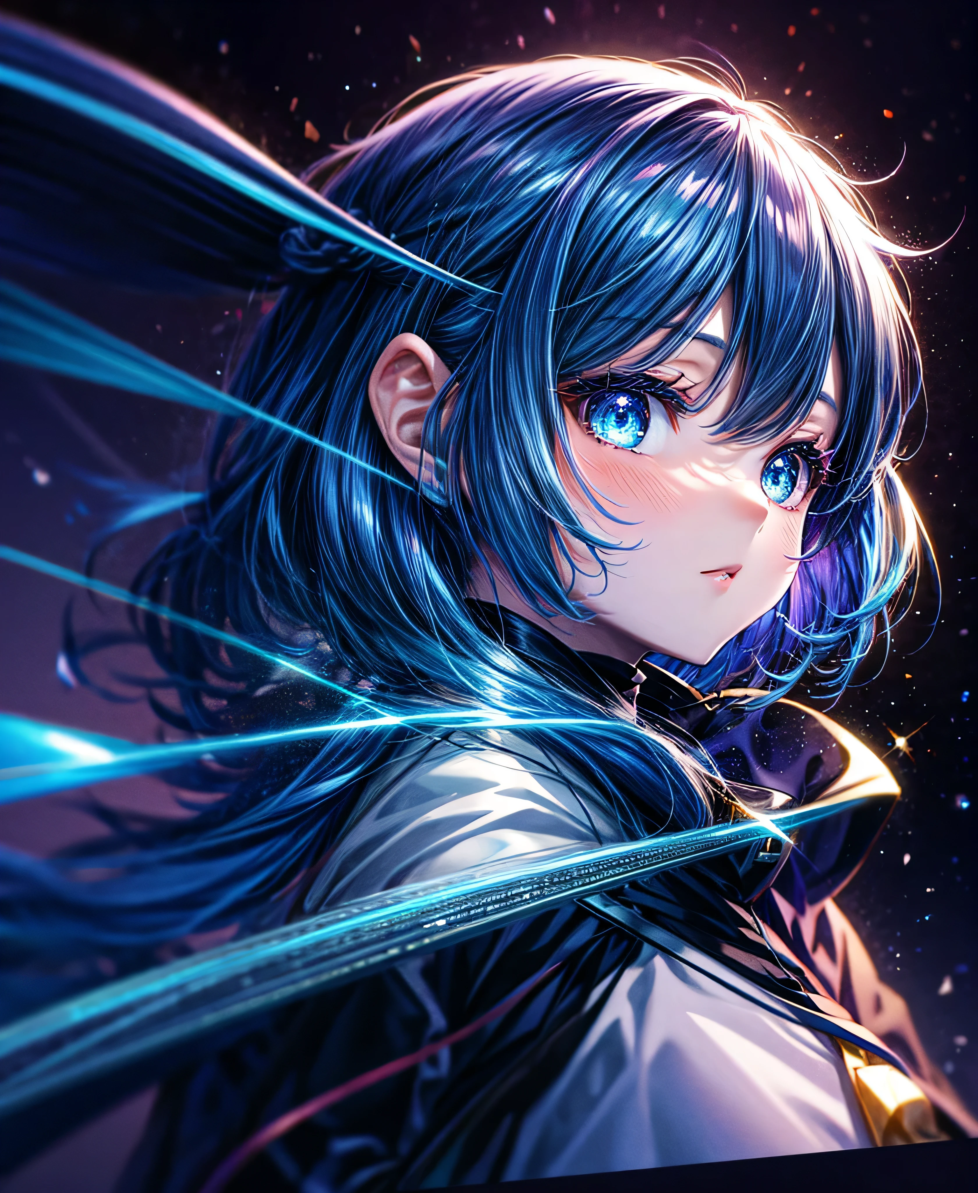 Glowing anime girl with dark blue hair and blue eyes, Anime Style 4 k, Anime Art Wallpapers 8K, Anime Style. 8k, anime art wallpaper 4k, anime art wallpaper 4k, anime wallpaper 4k, anime wallpaper 4k, 4k anime wallpaper, Glowwave girl portrait, Digital anime art, Anime girl with space-like hair