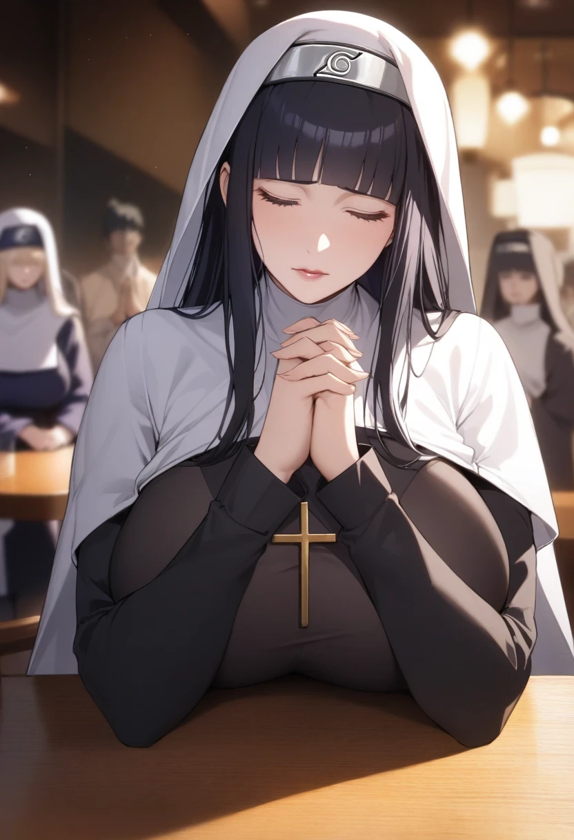 masterpiece, best quality, very aesthetic, absurdres, 1girl, mature_lady,nun_clothes, crucifix, praying, interlocked fingers,closed_eyes,head down,holy_light ,,hyuuga_hinata, naruto_(series), naruto_shippuuden, 1girl, white_eyes, no_pupils, black_hair, blunt_bangs, byakugan, hime_cut, large_breasts, long_hair,,in a restaurant,blur background,background defocus,