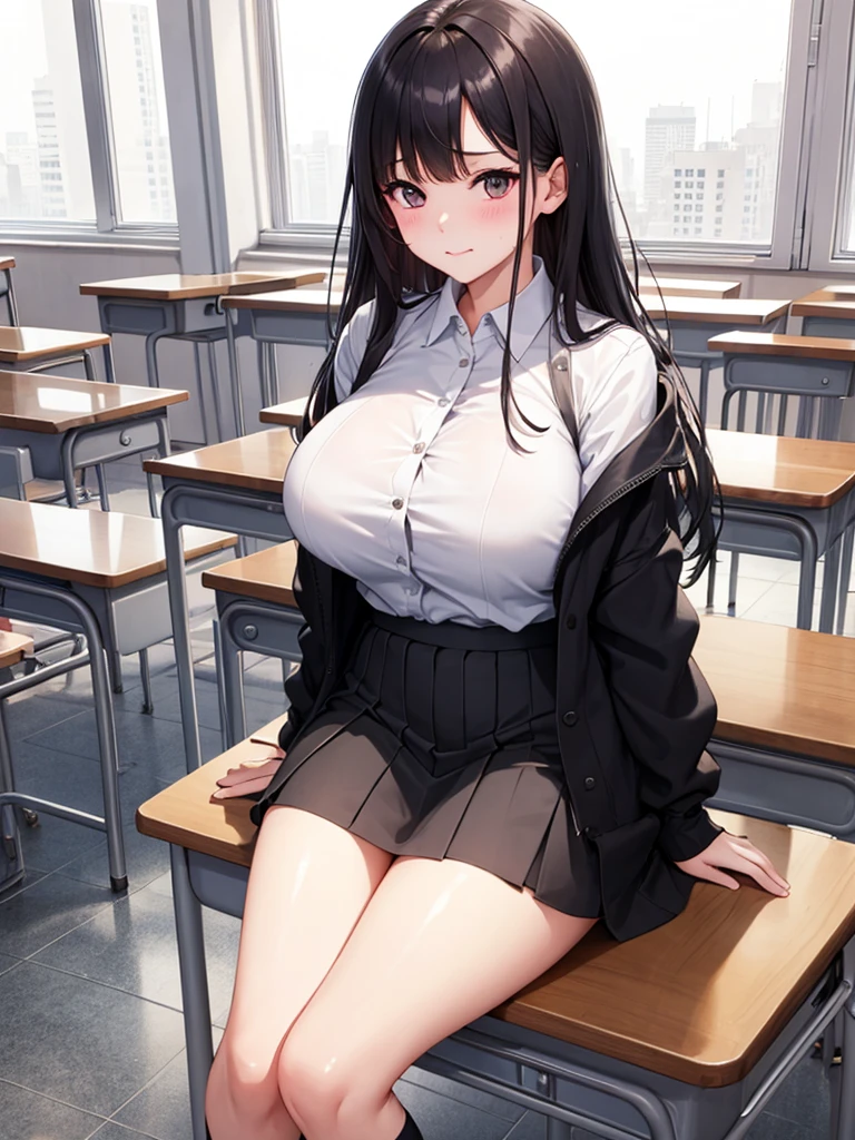 (Highest quality)、(One Girl)、(naked)、Huge boobs:1.5、 exposed、mini skirt、Thick thighs、Knee-high socks、In the classroom、Embarrassed face、Pitch Resuit