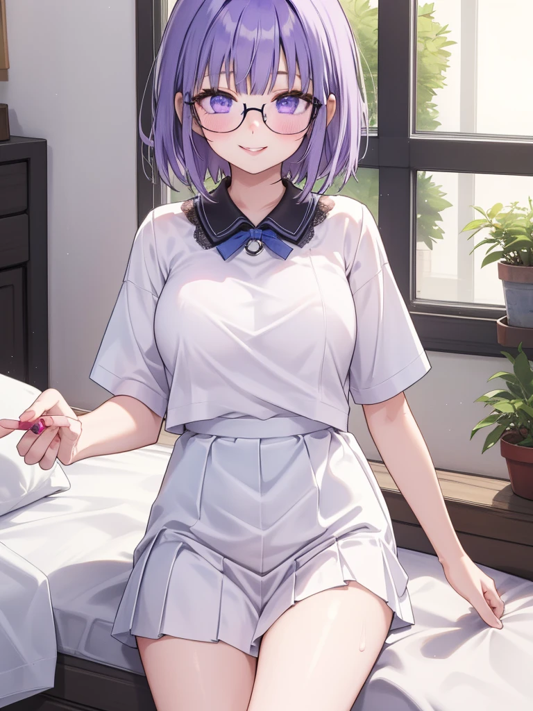 1girl, cowboy shot,porn, smile, glasses, 
nitengojigen_ririsa, purple eyes, purple hair, short hair, bangs, lace underwear, short sleeves, Show your breasts,sex, pleated skirt, best quality, masterpiece, highres, sleep position,