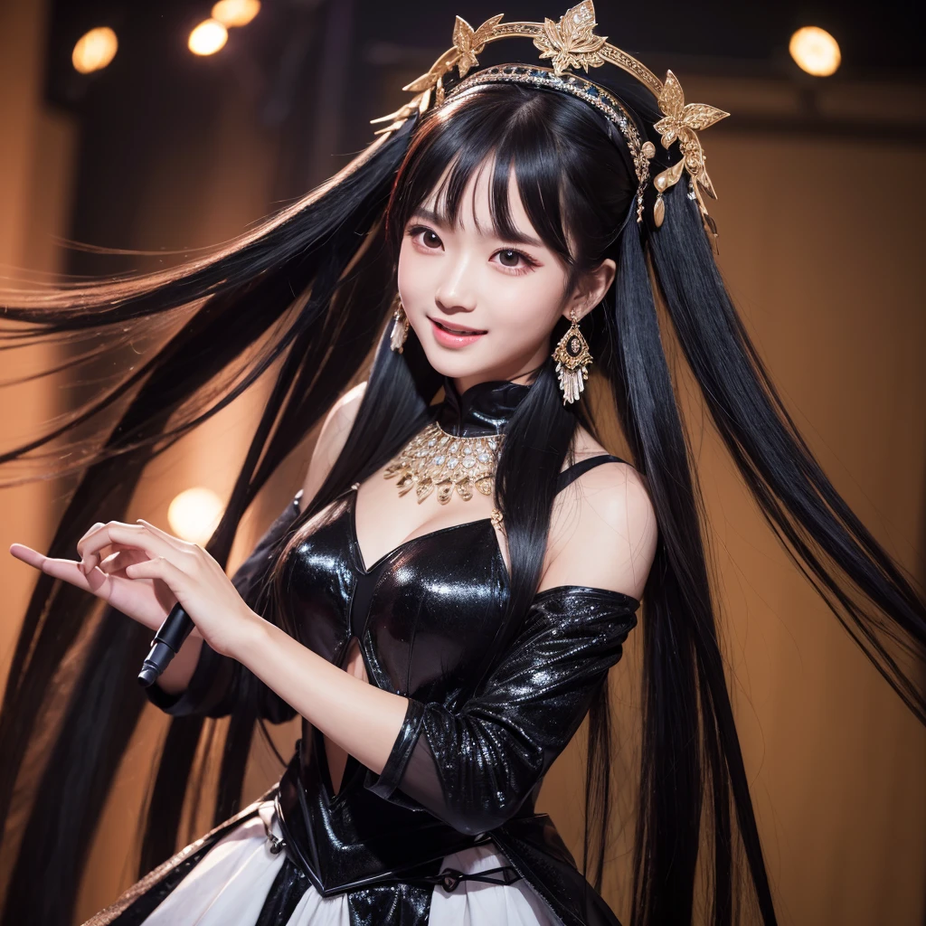 One girl, High resolution, Long Hair, Gaze, Black Hair, Headpiece, masterpiece, Highest quality, High-resolution model, Ultra high definition, Textured skin, Shiny Hair, Half-up hairstyle, chest, happiness/joy, Aperture F2.8, Singing on a microphone, Black costume, 