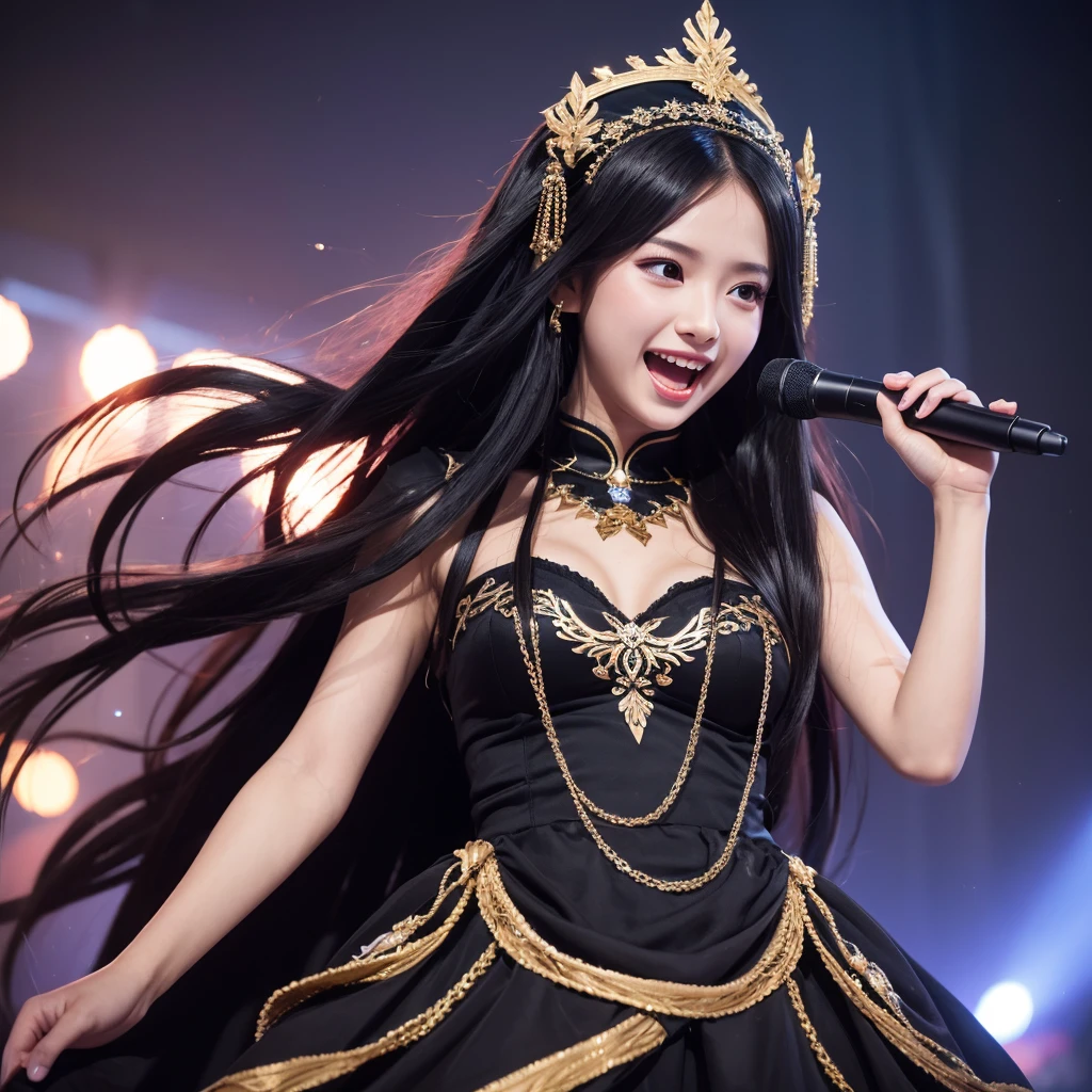 One girl, High resolution, Long Hair, Gaze, Black Hair, Headpiece, masterpiece, Highest quality, High-resolution model, Ultra high definition, Textured skin, Shiny Hair, Half-up hairstyle, chest, happiness/joy, Aperture F2.8, Singing on a microphone, Black costume,
