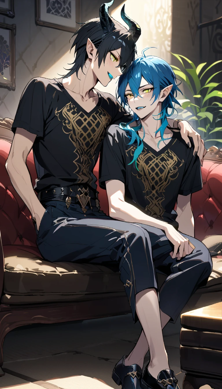 masterpiece, best quality, extremely detailed, anime , upper body, ((2boys)), BL, male focus, ikemen:1.5, looking at each other, holding ice candy, T-shirt, short sleeves, room, sitting on sofa,full body, (1nd boy, malleus draconia \(twisted wonderland\) horns, bishounen, boy, male, yana Toboso style, long hair, black hair, yellow green eyes, smile, gray lips, handsome, skinny, tall, yellow green glow, gothic anime style), (2st boy,Idia Shroud, bishounen, boy, male, yana Toboso style, extremely long hair, blue hair, blue fire hair, wavy hair, yellow eyes, tired expression, blue lips, handsome, skinny, tall, geeky, blue glow, shark teeth, gothic anime style,) AddXL