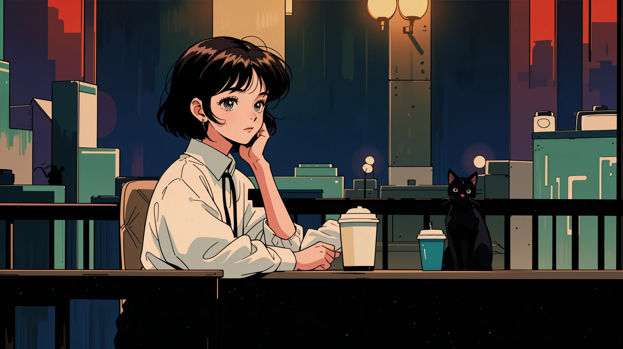 best quality, 8k, 1990s style,2010s hairstyles, 21 year old girl, black hair, Short hair, light brown eyes, city pop, pants ,night view, wearing headphones, whole body, relax coffee,table,confection,Looking at me, Black cat, lofi