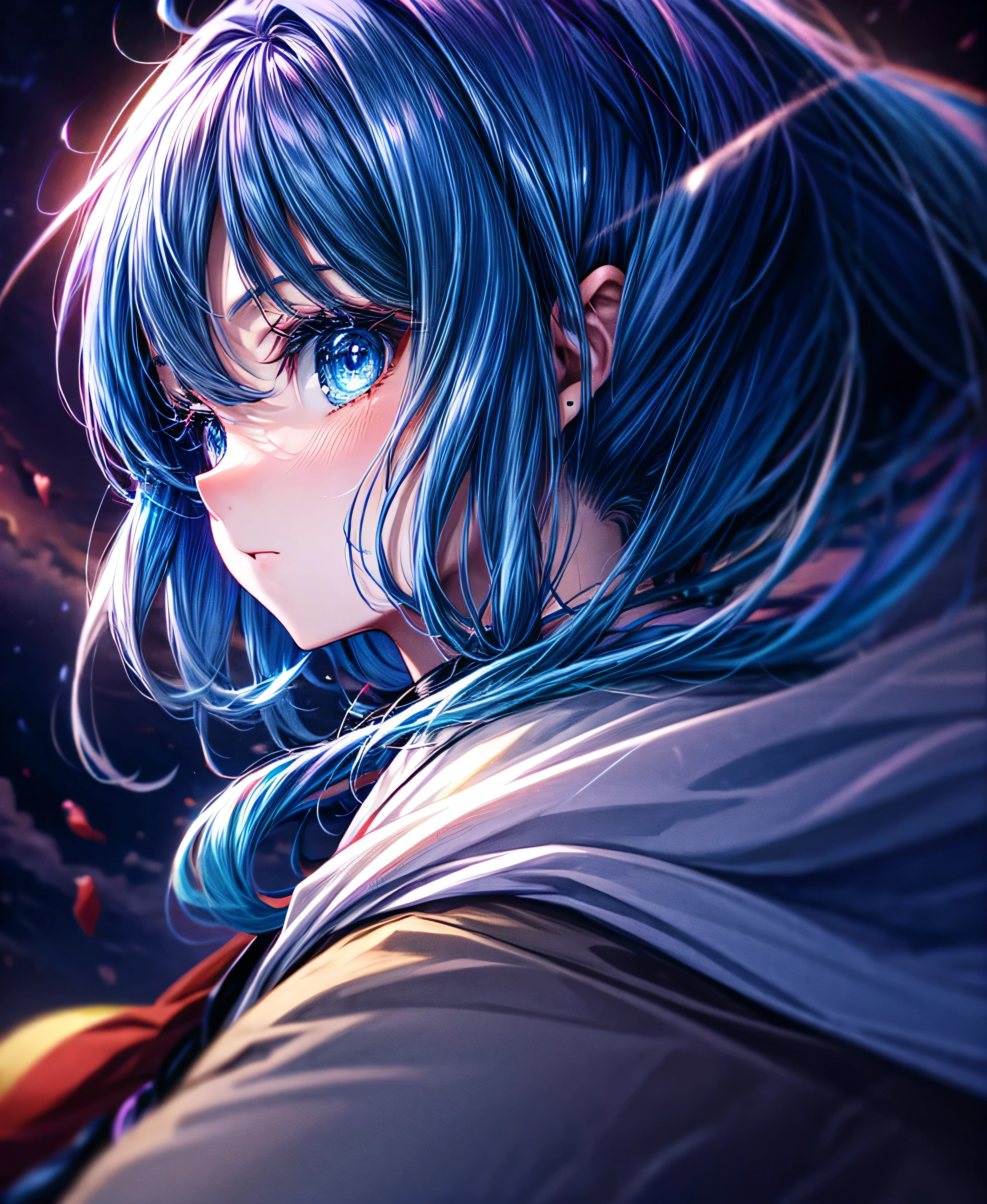 Glowing anime girl with dark blue hair and blue eyes, Anime Style 4 k, Anime Art Wallpapers 8K, Anime Style. 8k, anime art wallpaper 4k, anime art wallpaper 4k, anime wallpaper 4k, anime wallpaper 4k, 4k anime wallpaper, Glowwave girl portrait, Digital anime art, Anime girl with space-like hair