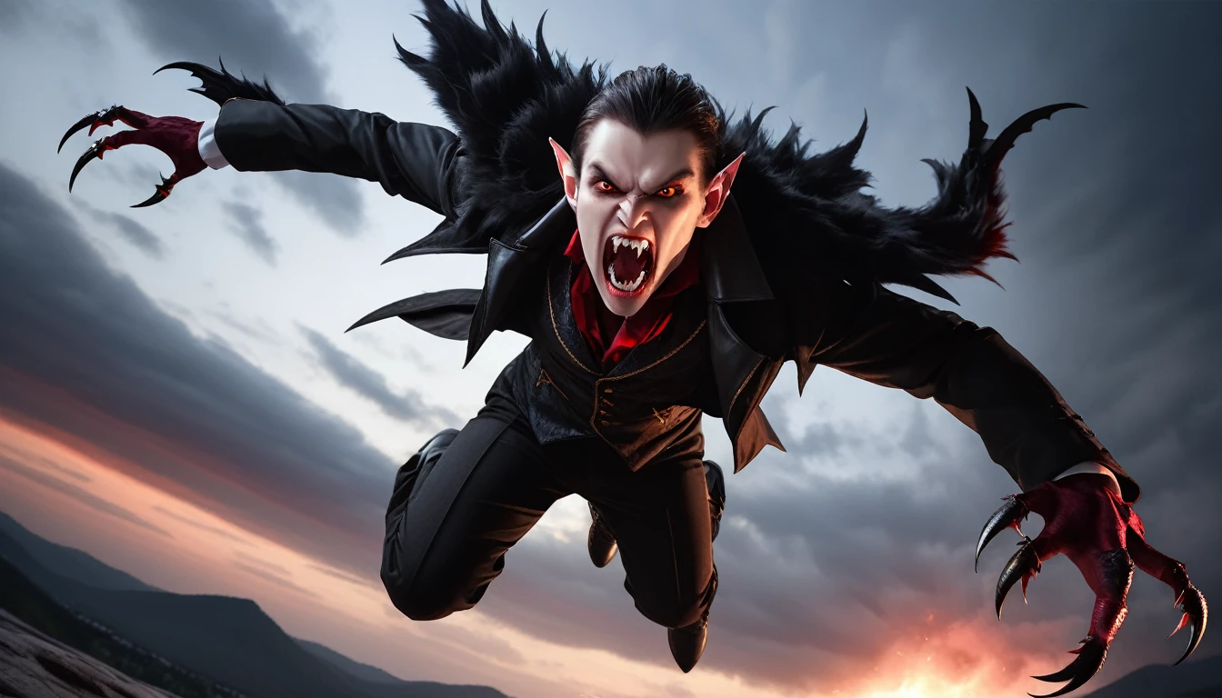 Realistic photos, RAW Photos, vampire lord, attacks viewer, Powerful movements, jump on prey, ((Dynamic jump)), Sharp Claws, vampire lord approaching from above, sudden approach, Bad-tempered, dynamic Shot from grand