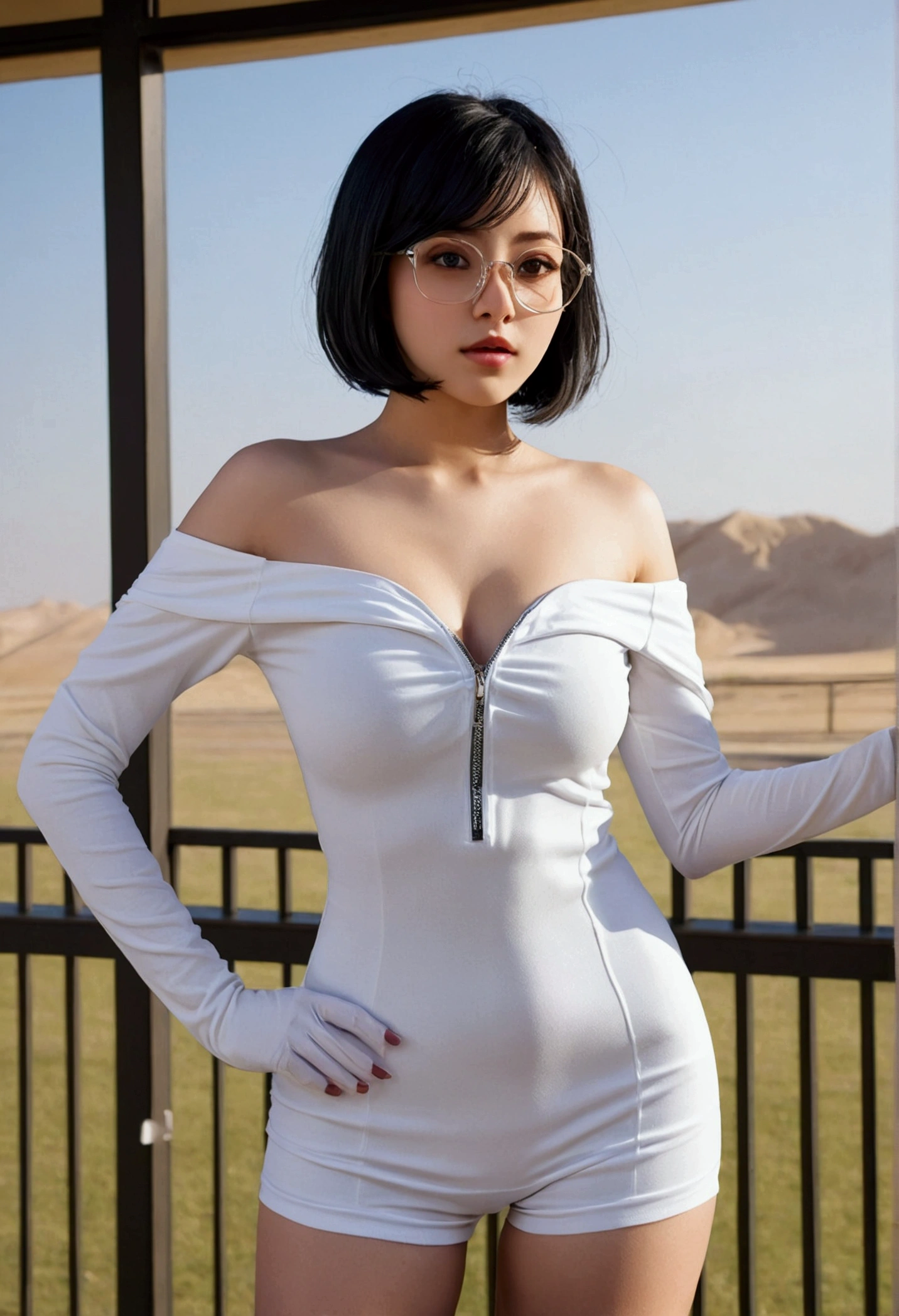 Anime screen,
1girl,Single,Black hair,short hair, Black eyes,slim,Cowboy shot, Standing, Forehead protector, simper,(dress:1.1),(White short pants:0.8), Black thighs, thigh holster, Arm warmers, Bare shoulders, Looking at the viewer, in the fresh air,The basin,الglasses ذات الإطار الأحمر, glasses,Arms behind the back, Head tilt, The basin curtain, Facing the viewer, Hands on your knees, Zipper, Shiny hair, And she sucks the penis