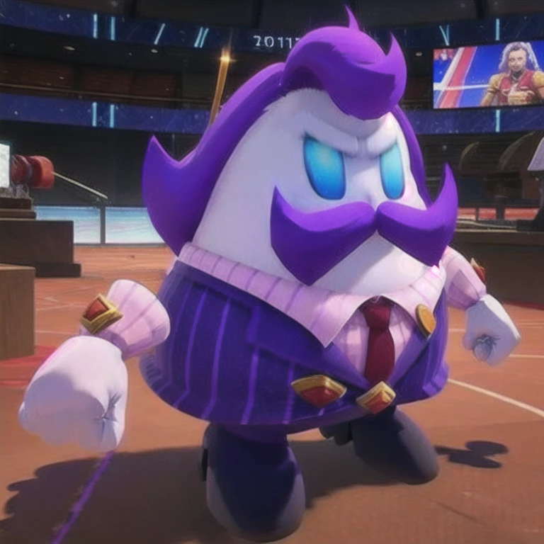 full view from haltmann, purple hair, purple mustache, arms, wearing a dark blue suit with pink vertical lining, pink shirt, red tie, black shoes, gold suit button with a red diamond, pale purple gloves, pink cuffs, pale purple skin, blue eyes, golden earpiece with antenna
