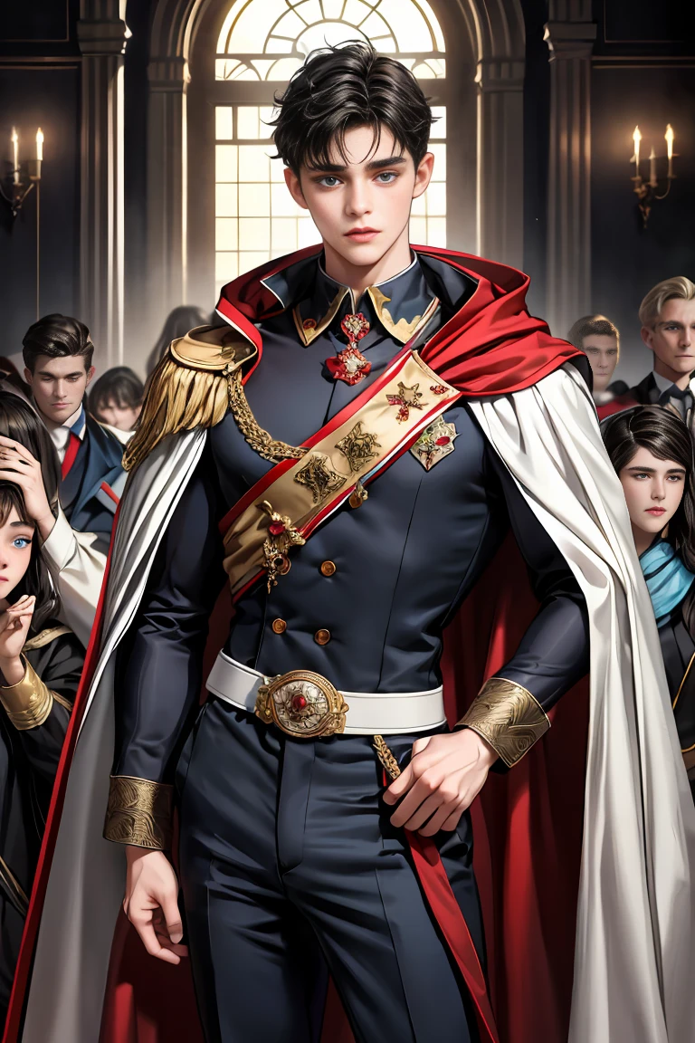 masterpiece, 最high quality, high quality, 1 boy, alone, Male focus, Watching the audience, Messy black hair, Adorable big blue eyes, White people, Noble, Noble,Sexy voluminous cape、vampire、A very voluminous, large, very large, very large, long, long red and black cape with a high stand-up collar, made of a lot of fabric that reaches down to the floor., ,Cute beautiful boys,Cute, cute, kind, handsome guy