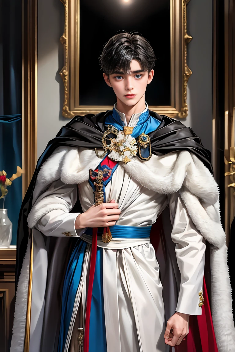 
masterpiece, 最high quality, high quality, 1 boy, alone, Male focus, Watching the audience,  Messy black hair, Adorable big blue eyes, White people, Noble, Noble,Sexy voluminous cape、vampire、A very voluminous, large, very large, very large, long, long red and black cape with a high stand-up collar, made of a lot of fabric that reaches down to the floor., ,Cute beautiful boys,Cute, cute, kind, handsome guy