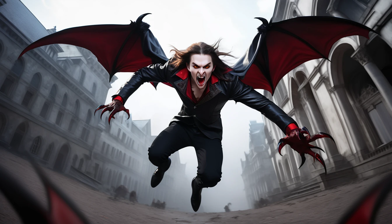 Realistic photos, RAW Photos, vampire lord, attacks viewer, Powerful movements, jump on prey, ((Dynamic jump)), Sharp Claws, vampire lord approaching from above, sudden approach, Bad-tempered, dynamic Shot from grand