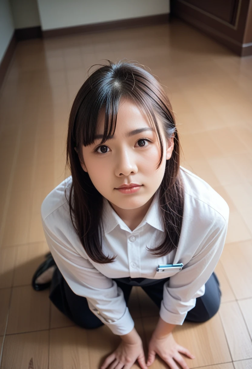 8k, raw photo, best quality, masterpiece, realistic, photo realistic, clear, professional lighting, beautiful face, best quality,ultra high res, realistic japanese beautiful, Super detailed, 1girl, from above, floor