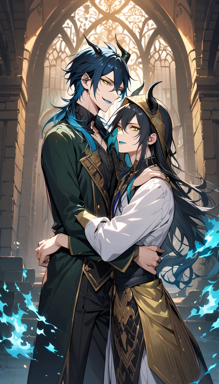 (pieces fly), (highest quality), very detailed, ((two men)), perfect face, beautiful face, very detailed face，full body shot, (black haired man:1.3)，(blue haired man:1.3)，suit，shirt，smile，flower, (1st boy,Idia Shroud, bishounen, boy, male, extremely long hair, blue hair, blue fire hair, wavy hair, yellow eyes, tired expression, blue lips, handsome, skinny, geeky, blue glow, shark teeth,) (2nd boy, malleus draconia \(twisted wonderland\) horns, bishounen, boy, male, long hair, black hair, yellow green eyes, smile, gray lips, handsome, skinny, tall, yellow green glow,)  Two men are hugging each,