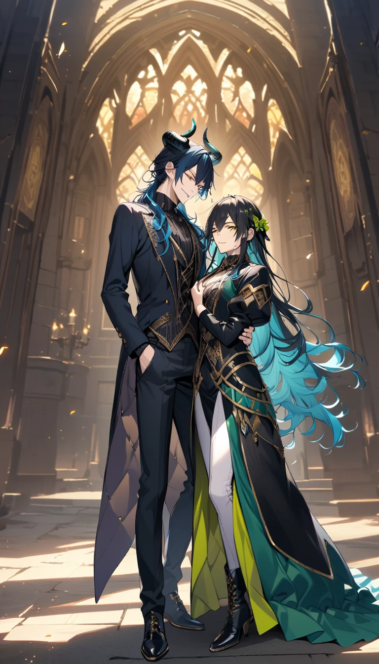 (pieces fly), (highest quality), very detailed, ((two men)), perfect face, beautiful face, very detailed face，full body shot, (black haired man:1.3)，(blue haired man:1.3)，suit，shirt，smile，flower, (1st boy,Idia Shroud, bishounen, boy, male, extremely long hair, blue hair, blue fire hair, wavy hair, yellow eyes, tired expression, blue lips, handsome, skinny, geeky, blue glow, shark teeth,) (2nd boy, malleus draconia \(twisted wonderland\) horns, bishounen, boy, male, long hair, black hair, yellow green eyes, smile, gray lips, handsome, skinny, tall, yellow green glow,)  Two men are hugging each,