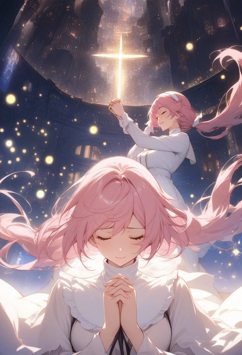 masterpiece, best quality, very aesthetic, absurdres, 1girl, mature_lady,nun_clothes, crucifix, praying, interlocked fingers,closed_eyes,head down,holy_light ,,gasai_yuno(mirai_nikki), 1girl, pink_hair, long_hair, low double ponytail,,in a city floating in sky,glowing stardust frontground,fantasy,sparkling,fireflies,