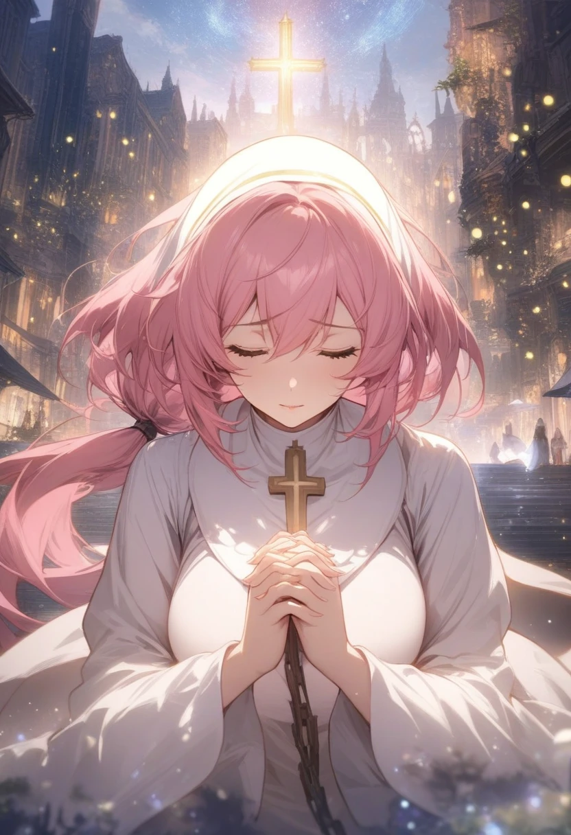 masterpiece, best quality, very aesthetic, absurdres, 1girl, mature_lady,nun_clothes, crucifix, praying, interlocked fingers,closed_eyes,head down,holy_light ,,gasai_yuno(mirai_nikki), 1girl, pink_hair, long_hair, low double ponytail,,in a city floating in sky,glowing stardust frontground,fantasy,sparkling,fireflies,