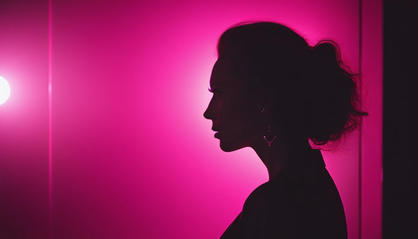 DSLR, f/2.8, Lens flare, 5D, 16k, Super-resolution . photography, portrait of contrast, profile silhouette of a young lady, vibrant hot pink backdrop, visualize using a camera setup that mimics a large aperture, focusing solely on the silhouette's edge, while a low ISO maintains the richness of color without grain, photorealistic, UHD --ar 9:16 --chaos 1.7 --style raw