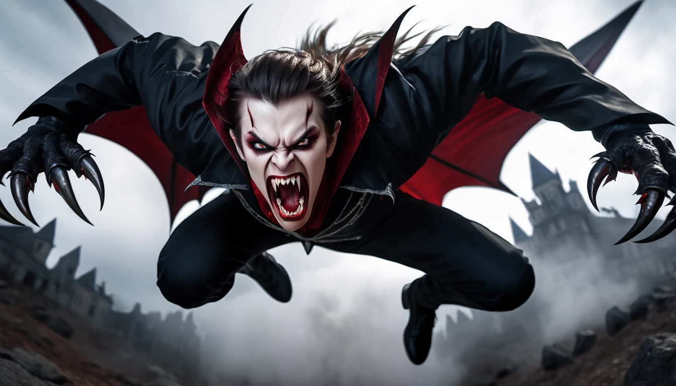 Realistic photos, RAW Photos, vampire lord, attacks viewer, Powerful movements, jump on prey, ((Dynamic jump)), Sharp Claws, vampire lord approaching from above, sudden approach, Bad-tempered, dynamic Shot from grand