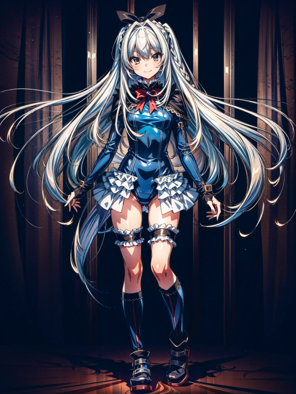 Masterpiece, Very detailed, Highest quality, Sharp focus, 12k, ultra hi resolution picture, big ,12k,Perfect Anatomy, Highest quality, Marie Rose,Wicked Smile,Provocative attitude
,,Wicked Smile,Anime Style,(Ruffled swimsuit, Knee socks, Removed sleeve), (Anime Style:1.4) ,
,(White fingers:1.1,Black gloves),
Hollow Eyes,,(1 little girl:1.4)、,(Very long hair:1.6),(full body:1.3),