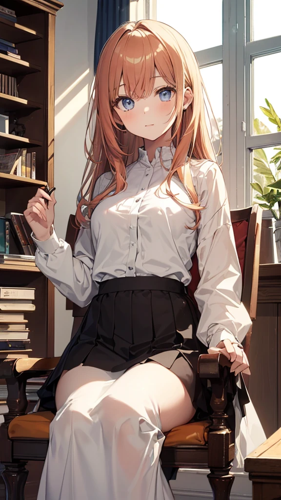 (masterpiece, best quality:1.3), 1 girl, solo, ager,(top quality eyes:1.3),A 15-yh vibrant apricot-colored hair is sitting in her study at home, knees up. Her eyes are a clear soft gray, and a simple ring glistens on her hand. She is seated in a chair by the window, gracefully relaxing while gazing outside. The background features bookshelves, adding an intellectual ambiance.