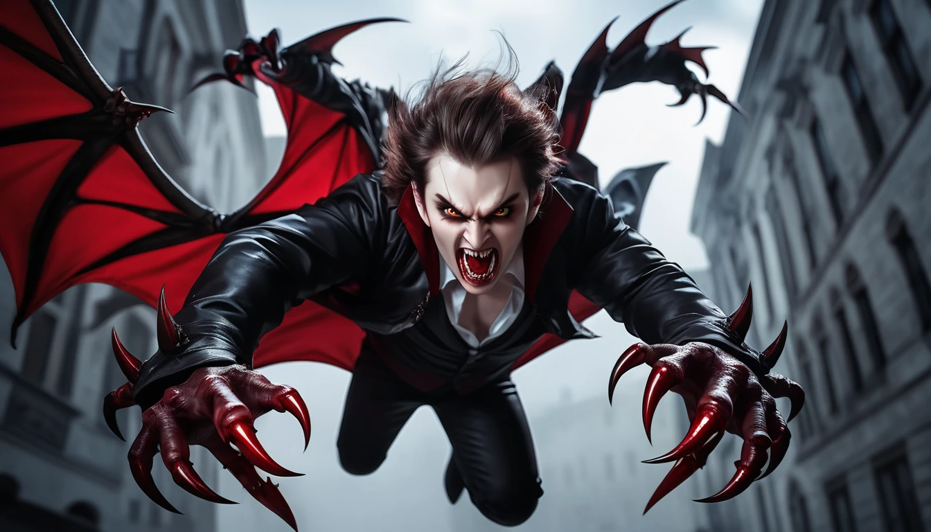 Realistic photos, RAW Photos, vampire lord, attacks viewer, Powerful movements, jump on prey, ((Dynamic jump)), Sharp Claws, vampire lord approaching from above, sudden approach, Bad-tempered, dynamic Shot from grand